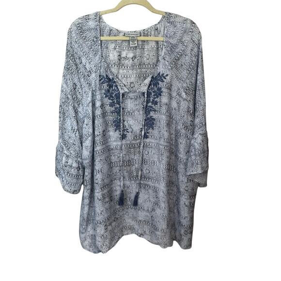 Catherines Womens Top 3X Blouse Blue Tasseled Floral Embroidered Boho Peasant - Picture 1 of 7